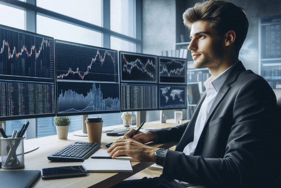 Business professional using a market analysis dashboard