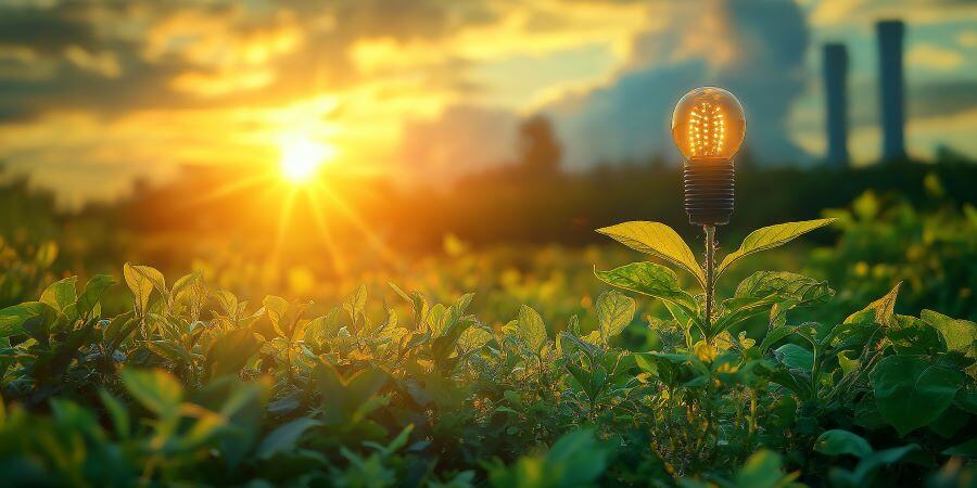 An image of a green field at morning, with a chemical plant in the background and a plant with a light bulb in place of a flower