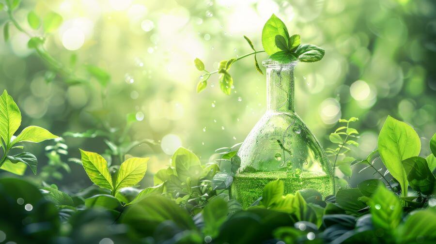 Image of a chemical beaker with plants growing out of it, in a field of other green plants, symbolizing sustainable chemicals