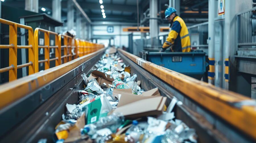 A recycling line with plastics being recycled and a worker overseeing the line