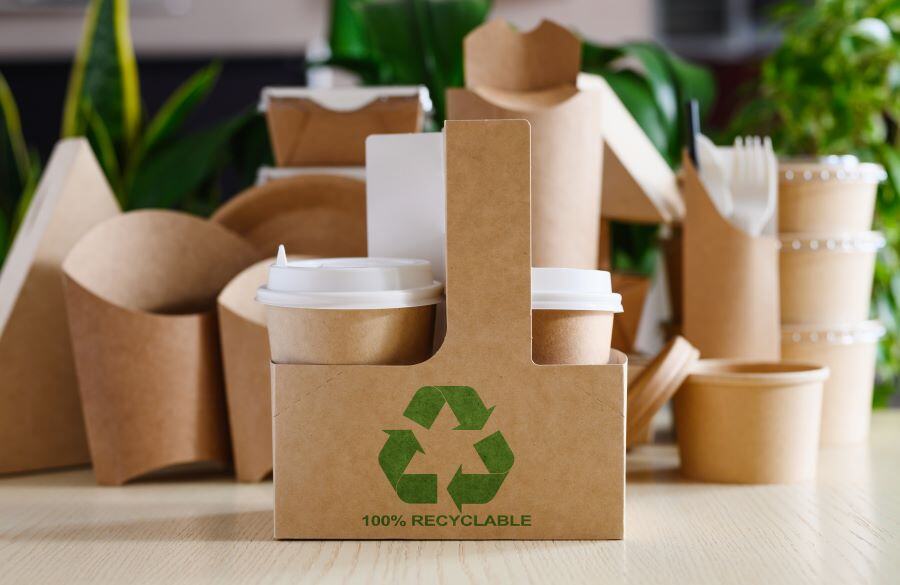 Samples of recyclable and sustainable single-use packaging sitting on a counter with plants in the background